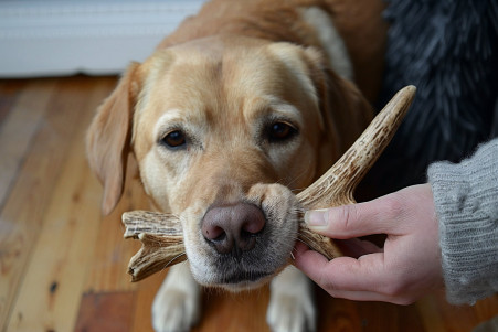 Dog closely inspecting a deer antler on a hardwood floor, with the owner's hands visible