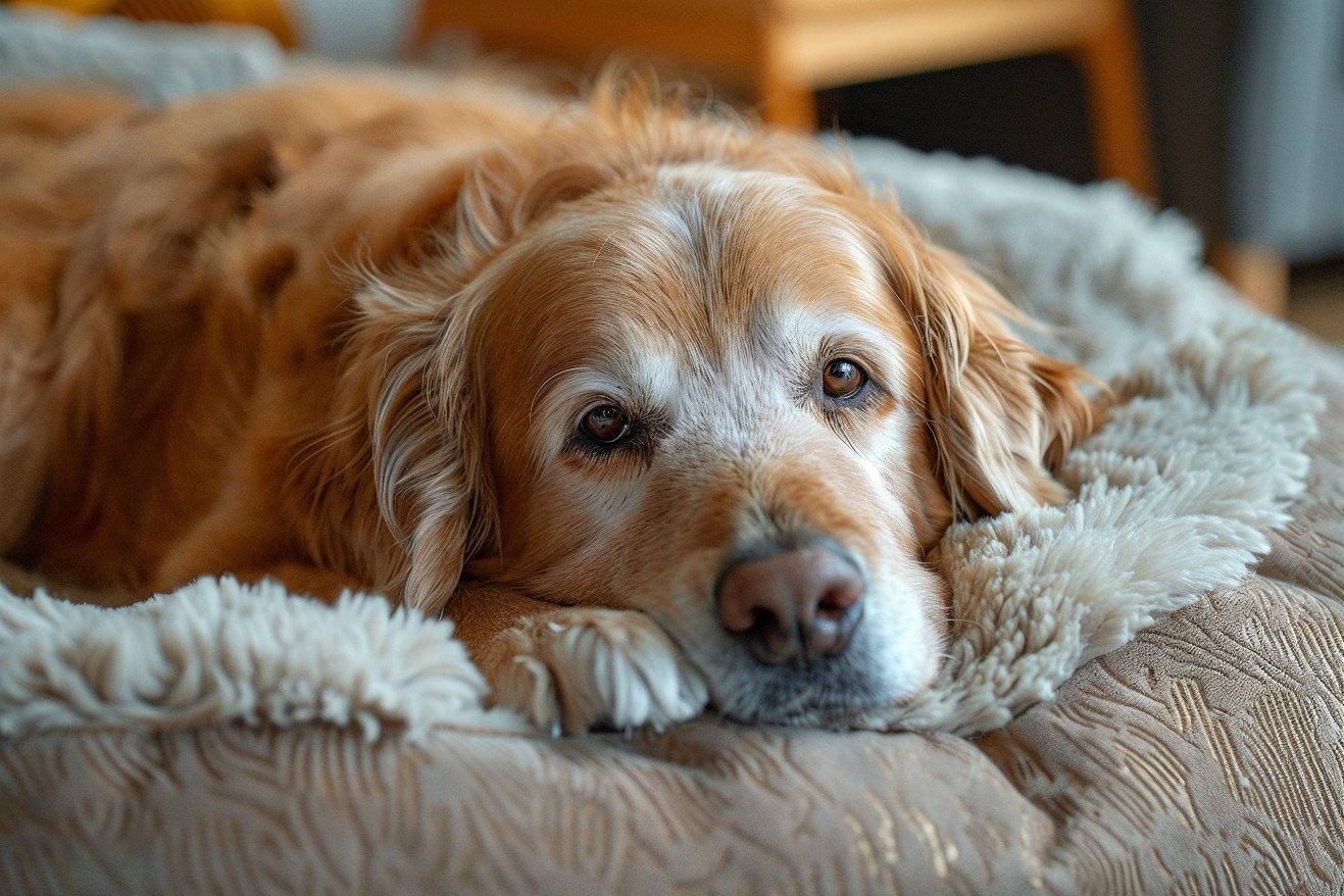 Elderly, gray-muzzled Golden Retriever relaxing on a plush dog bed in a softly lit home interior