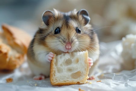 Close-up of a Roborovski Dwarf hamster with a sleek brown and white coat, nibbling on a piece of white bread