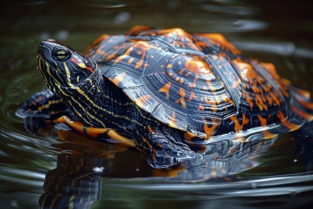 Artistic image of a painted turtle's shell submerged in a calm pond, showcasing the intricate pattern and individual scutes that make up its protective armor
