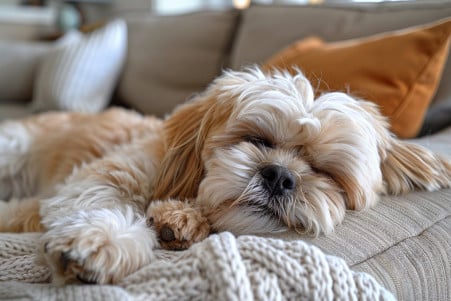 Shih Tzu with a long, silky coat fast asleep on a dog bed, with a contented expression on its face