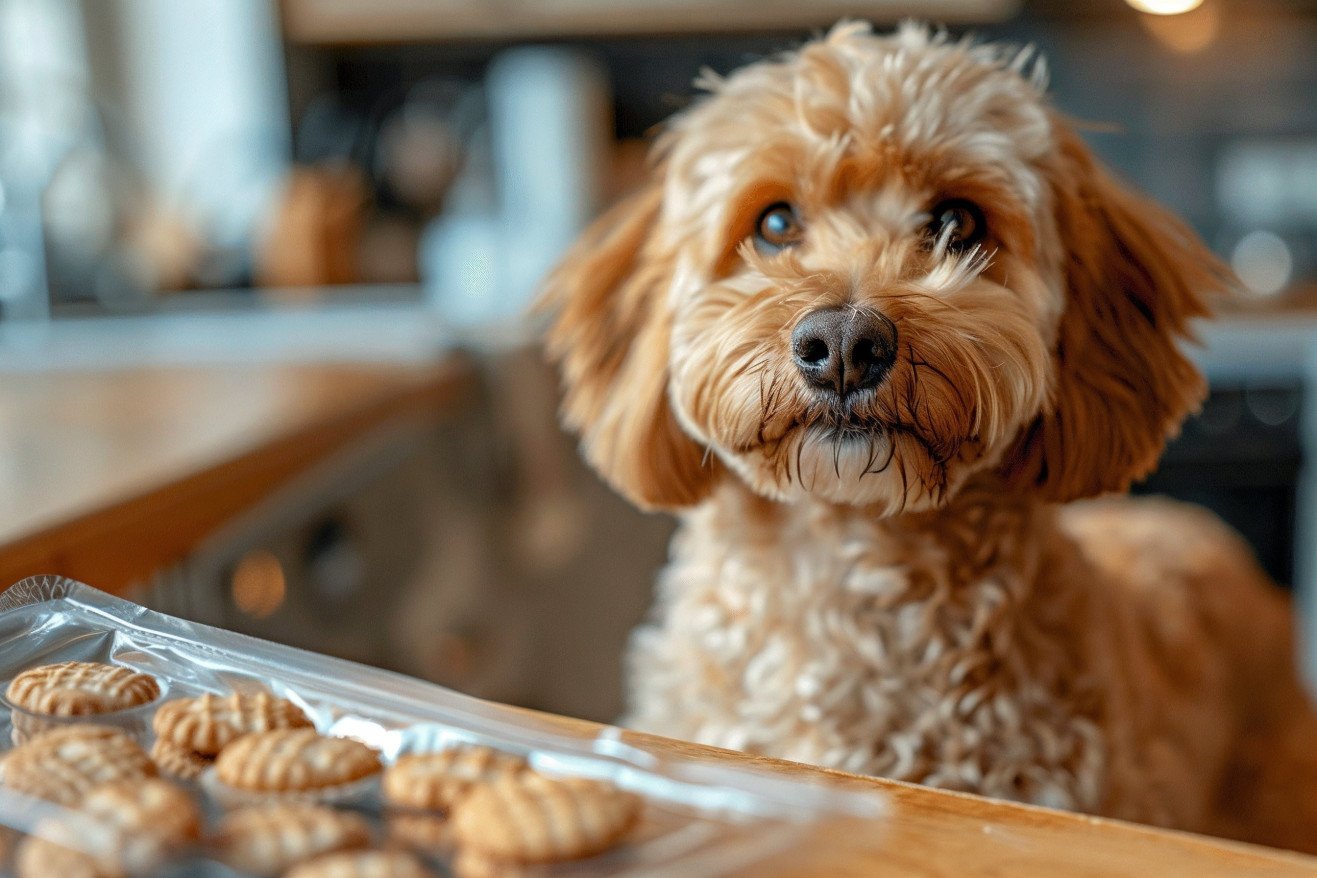 Anxious-looking Labradoodle standing next to an open package of Nutter Butter cookies on a kitchen counter