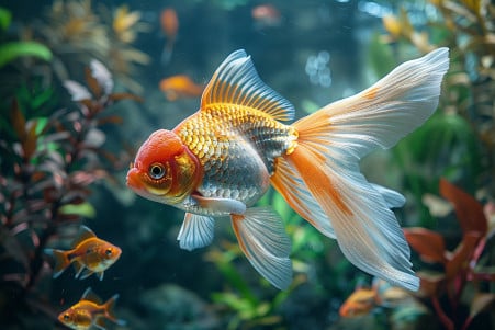 Large orange and white Comet goldfish with flowing fins, intently eyeing a group of smaller tropical fish in an aquarium with lush decor