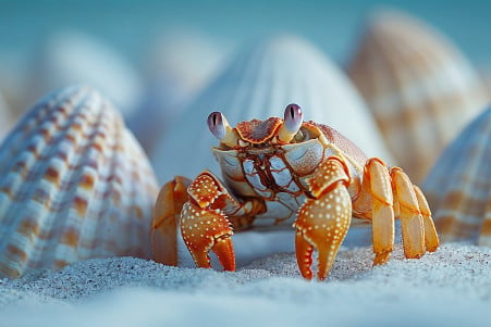 Naked hermit crab on a sandy beach examining a variety of empty shells
