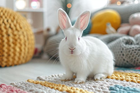 Fluffy white rabbit with pink eyes sitting in a living room with plush toys and a pet bed