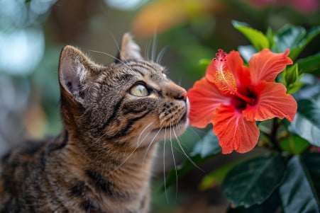 Close-up portrait of a tabby cat sniffing a red hibiscus flower, with a blurred tropical background