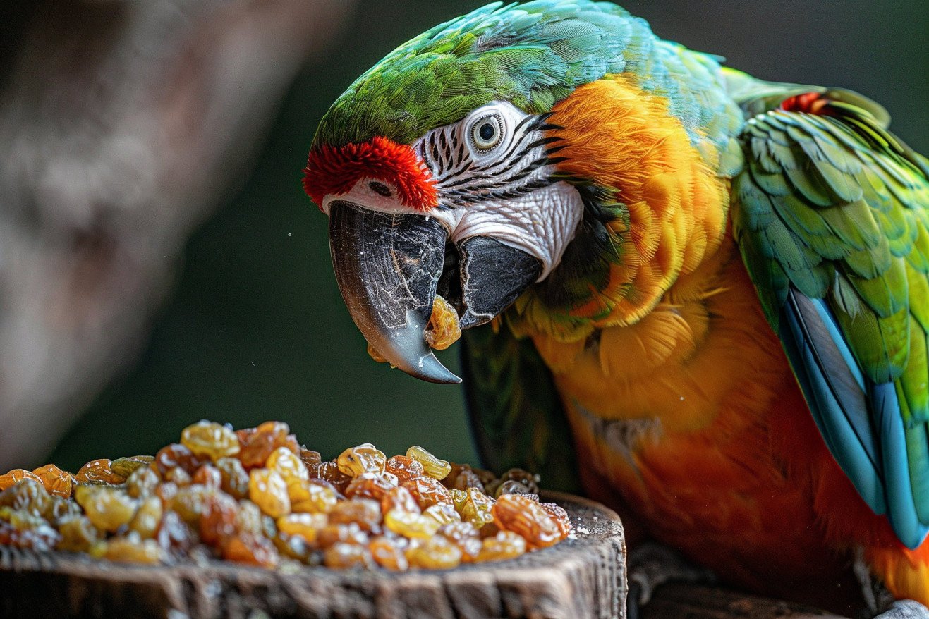 Colorful parrot perched on a branch, curiously eyeing a small pile of raisins on a wooden surface