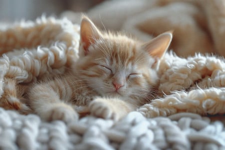 Sleeping newborn kitten with light tabby coat, curled up on a soft blanket