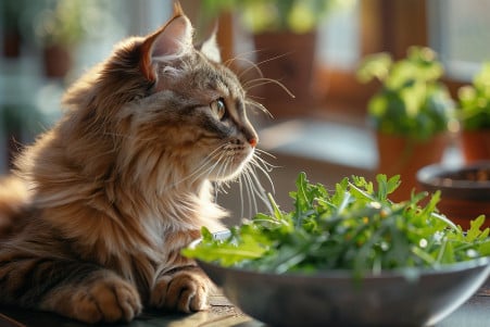 Photorealistic image of a Maine Coon cat with a large, bushy tail and tufted ears investigating a salad made with arugula leaves on a kitchen table