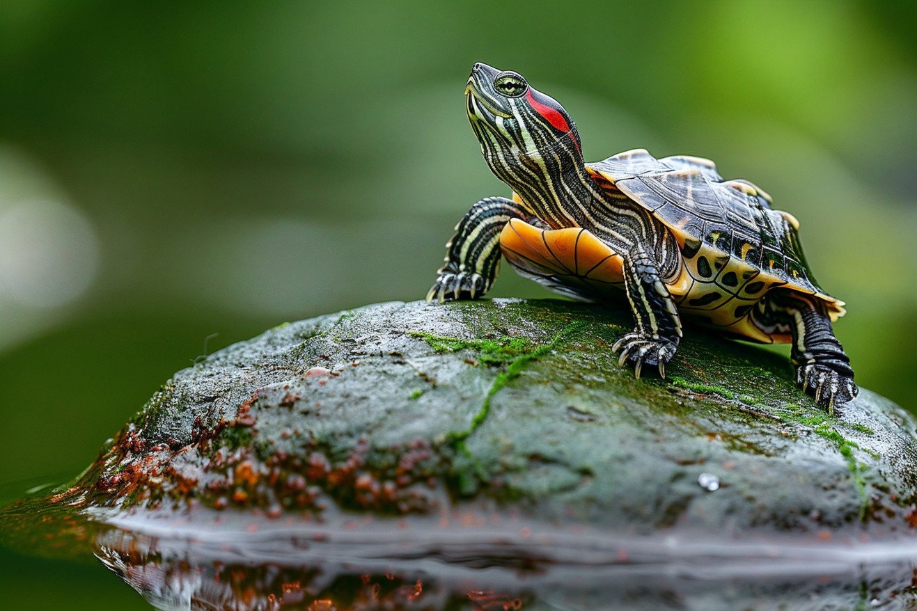 Close-up of a baby red-eared slider turtle with a red stripe on its head, perched on a rock in a pond