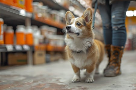 Woman walking a small, energetic Welsh Corgi on a leash through the aisles of a Home Depot store, with the dog looking up at the shelves with curiosity