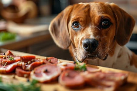 Curious beagle sniffing at slices of pastrami meat on a kitchen counter