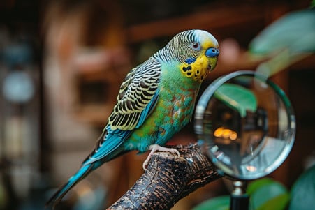 Vibrant blue, green, and yellow male parakeet perched on a wooden branch, with a magnifying glass in the foreground