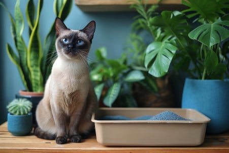 Serene blue-point Siamese cat sitting calmly next to a clean litter box with indoor plants in soft lighting