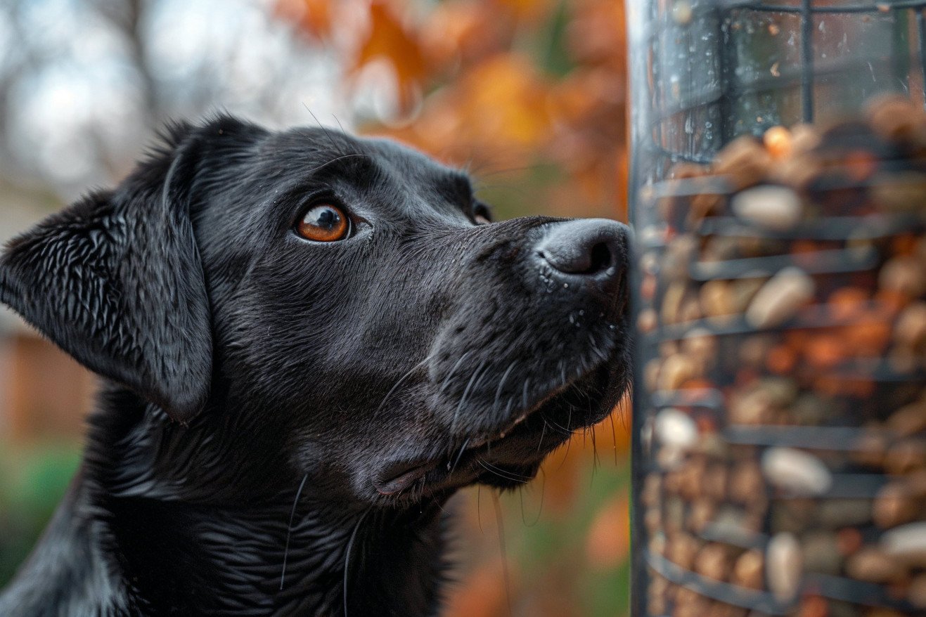 Black Labrador Retriever sniffing at a bird feeder filled with bird seed