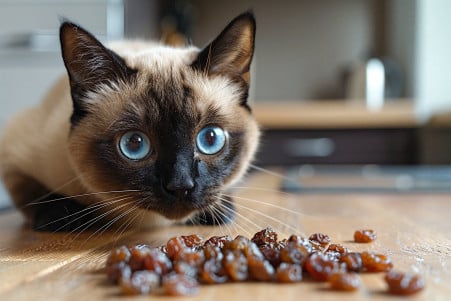 Worried-looking Siamese cat staring at a pile of raisins on the floor, with a puffed-up tail and concerned expression