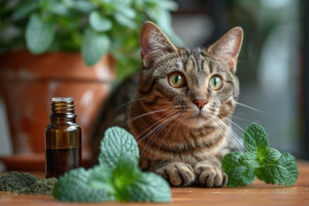 Tabby cat staring intently at a bottle of peppermint essential oil on a wooden table