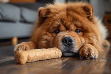 Fluffy Chow Chow dog gazing at a large, oblong yak chew treat on a hardwood floor in a warm, minimalist living room