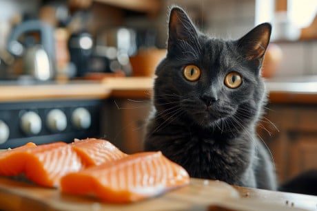 Black cat intently staring at a fresh filet of salmon on a kitchen counter, with its tail swishing in anticipation