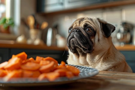 Pug dog intently staring at a plate of sweet potato peels on a kitchen counter