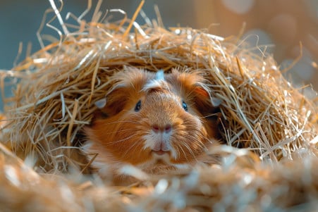 Abyssinian guinea pig with a rosette-patterned coat nestled in timothy hay, eyes closed in a relaxed, purring state
