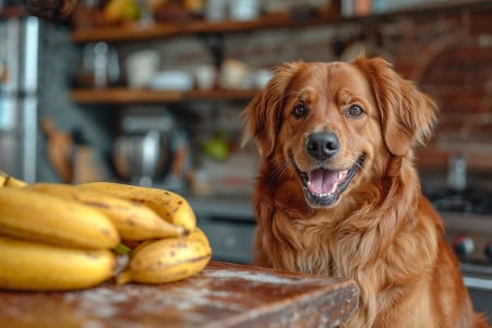 Happy dog sitting next to a bunch of bananas on a kitchen counter, looking at the camera