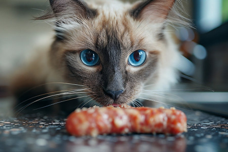 Norwegian Forest cat with distinctive blue eyes sniffing a piece of sausage on a kitchen table