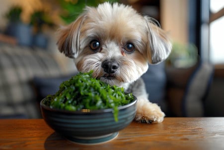 Curious Shih Tzu examining a bowl of vibrant green seaweed on a side table in a comfortable living space
