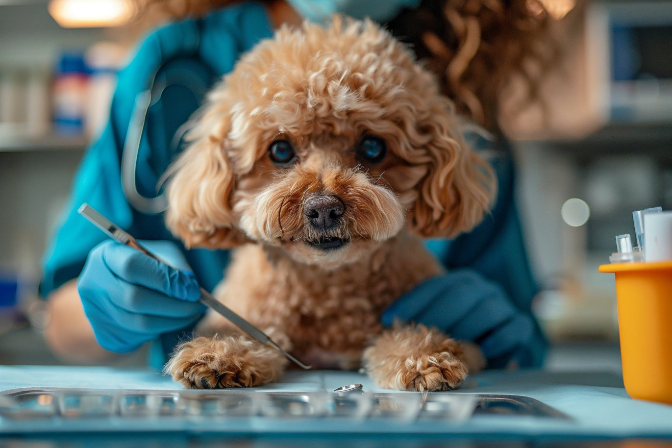 Veterinarian using tweezers to extract an ingrown hair from a poodle's paw pad on a medical examination table