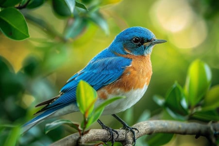 Detailed close-up of an Eastern Bluebird perched on a tree branch, inspecting itself for signs of bird mites