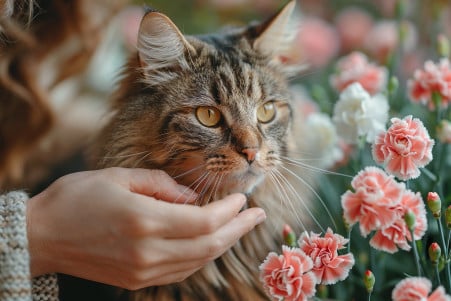 Maine Coon cat watching as its owner trims fresh carnation flowers