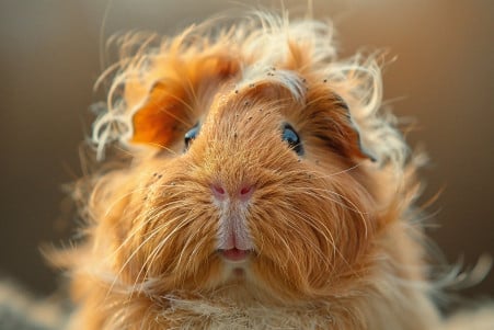 Close-up portrait of an Abyssinian guinea pig with a distinctive rosette-patterned coat, looking concerned about the presence of fleas