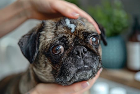 Worried Pug owner carefully wiping a calamine-like lotion off their dog's skin in a bathroom setting