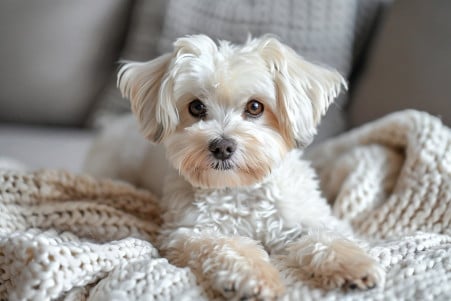 Fluffy white Maltese dog with a curly topknot and big round eyes, sitting on a plush white blanket