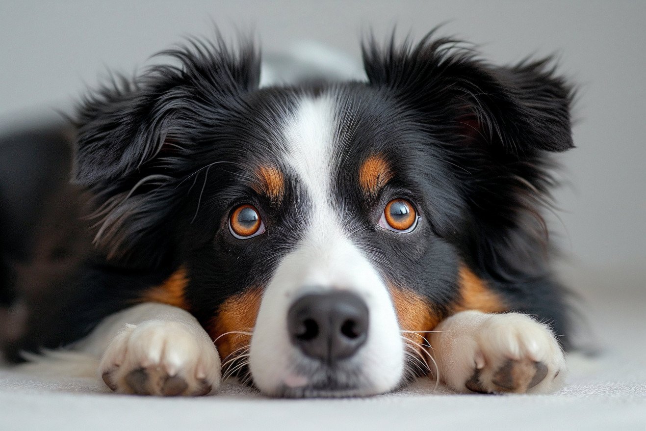 Border Collie lying down with paws forward, highlighting detailed anatomy of its toes and pads against a clean background