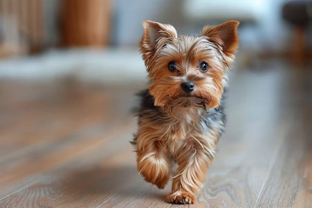 Yorkshire Terrier walking with a side-to-side sway and unbalanced footsteps, appearing disoriented on a hardwood floor