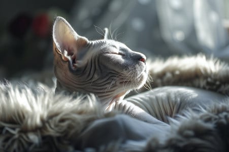 Sphynx cat lounging comfortably on a plush, cozy-looking bed