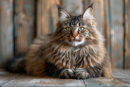 Fluffy Maine Coon cat with a long, bushy tail sitting on a wooden surface, with a friendly, inquisitive expression