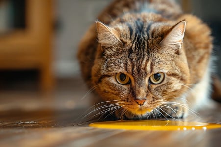 Tabby cat crouched next to a puddle of yellow vomit on a hardwood floor, with a concerned expression