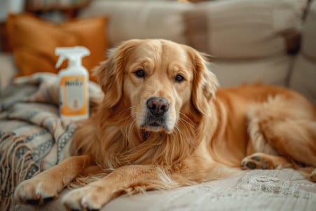 Golden Retriever with a thick, golden coat lying comfortably on a plush, beige couch in a warm, minimalist living room setting