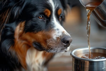 Attentive Bernese Mountain Dog watching as its owner pours freshly made bone broth into a stainless steel bowl