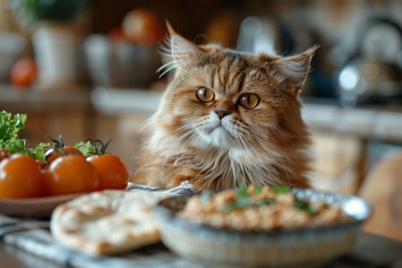 A fluffy, pea-colored Persian cat looking puzzled at a bowl of hummus on a kitchen counter