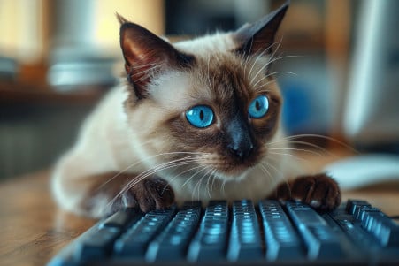 Siamese cat with blue eyes sniffing at a keyboard, exploring its surroundings