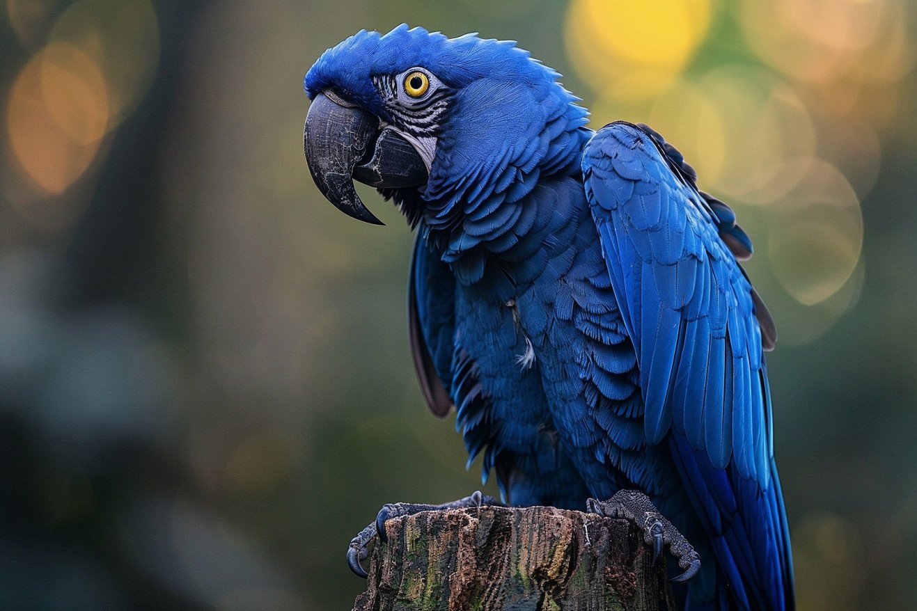 A deep blue macaw sitting on a tree stump in a serene, natural setting