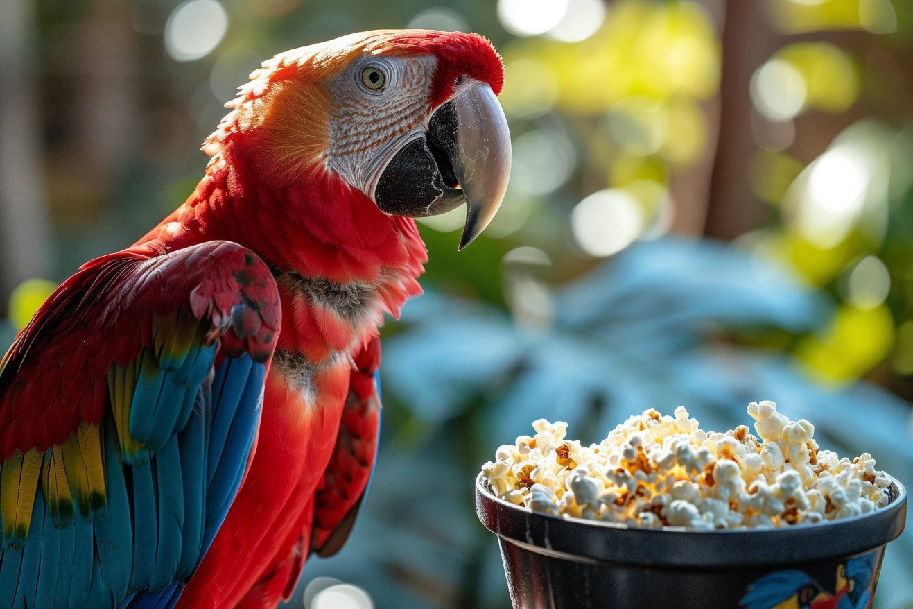 Colorful parrot curiously examining a bowl of air-popped popcorn in an indoor aviary