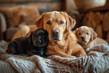 Friendly golden Labrador Retriever mother lying on a rug with two small Labrador Retriever puppies, one black and one yellow, nestled next to her in a warm, cozy living room setting