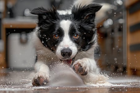 Energetic Border Collie chasing after a pile of spilled cornstarch on a kitchen floor