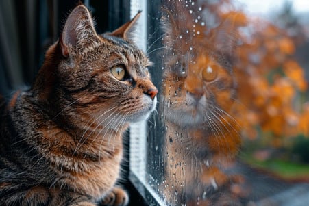 Curious tabby cat with a marbled coat sitting on a windowsill and looking outside, with its reflection visible in the glass