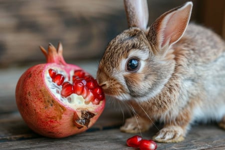 Close-up of a miniature Rex rabbit inspecting a half pomegranate on a wooden table