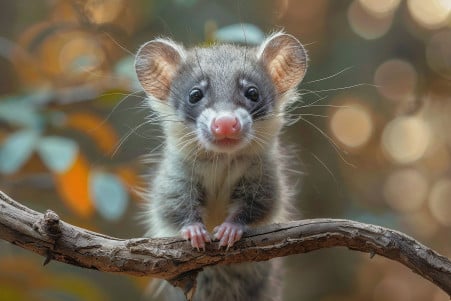 Portrait of a curious juvenile opossum standing on its hind legs, with a white face, grey body, and prehensile tail curled around a branch